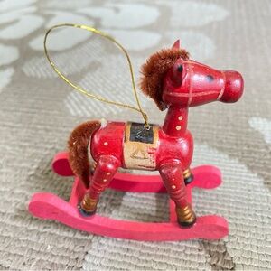 Vintage Wooden Red Rocking Horse Christmas Tree Ornament With Box Handcrafted
